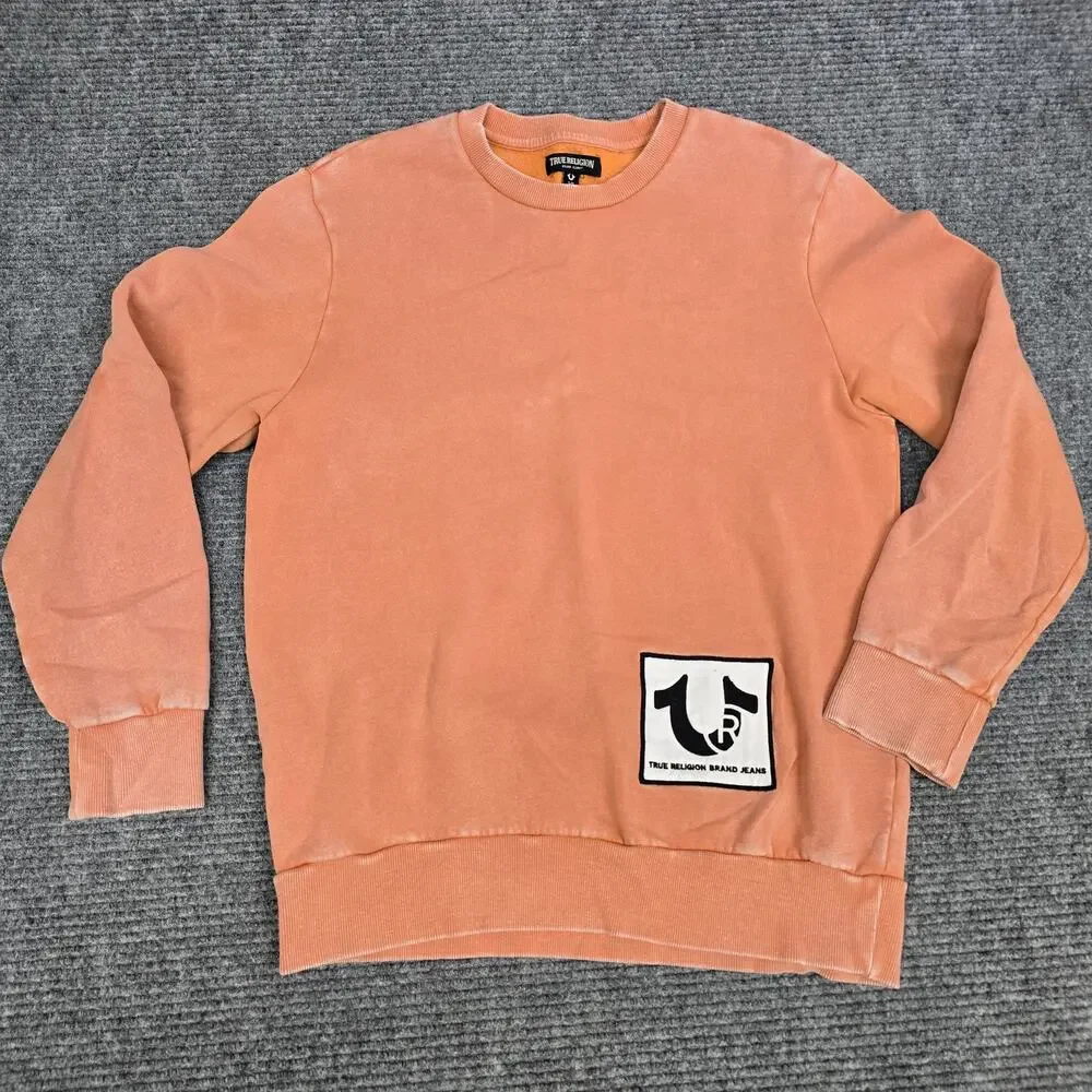 True Religion Mens Sweatshirt S Faded Coral Orange Logo Patch Crewneck Pullover